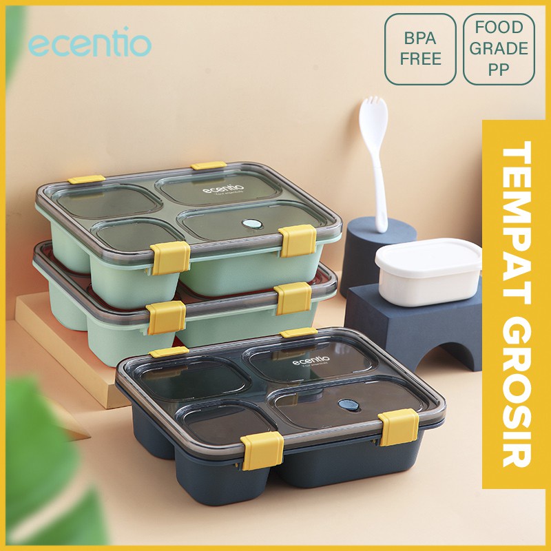 ecentio Kotak bento 3/4 Grid PP/lunch box 1300ml Free Sendok Sumpit BPA Free Kotak Tempat Makan