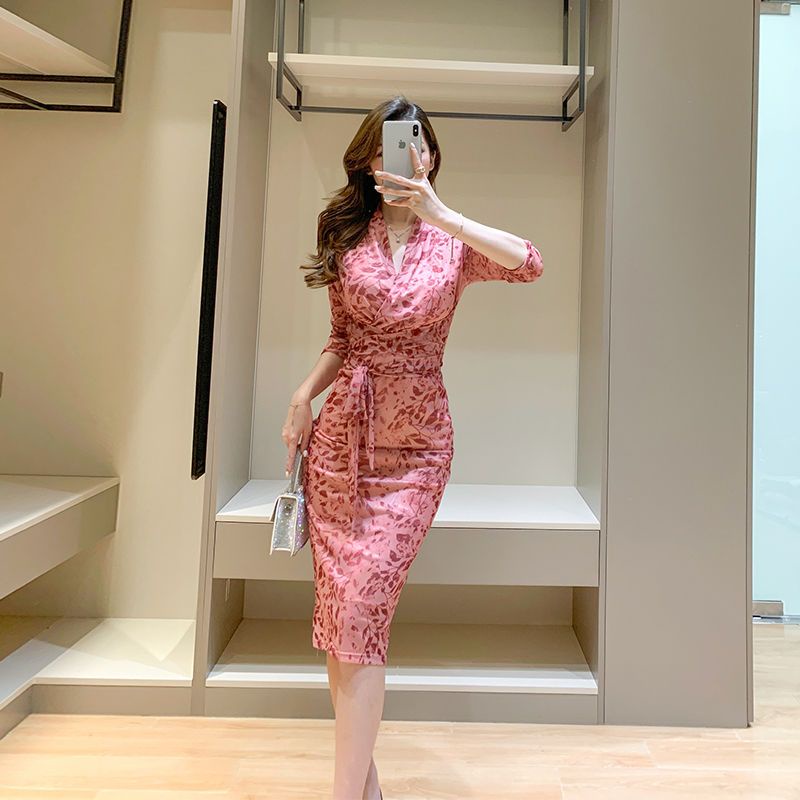 Gaun Merah Muda2023Dress Midi Ketat, Gaun Jala Lengan Panjang Slim-Fit Musim Semi