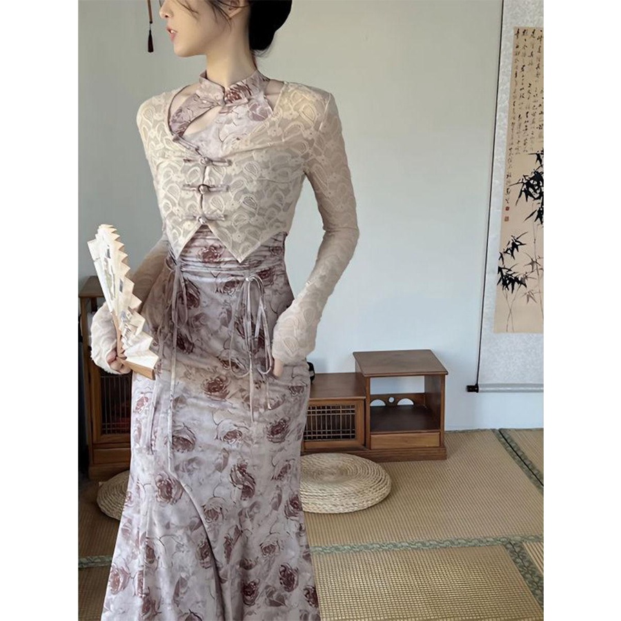 Jas Wanita2023Kardigan Berkancing Katak Renda Retro Musim Semi, Set Dua Potong Gaun Tiongkok Baru Mo