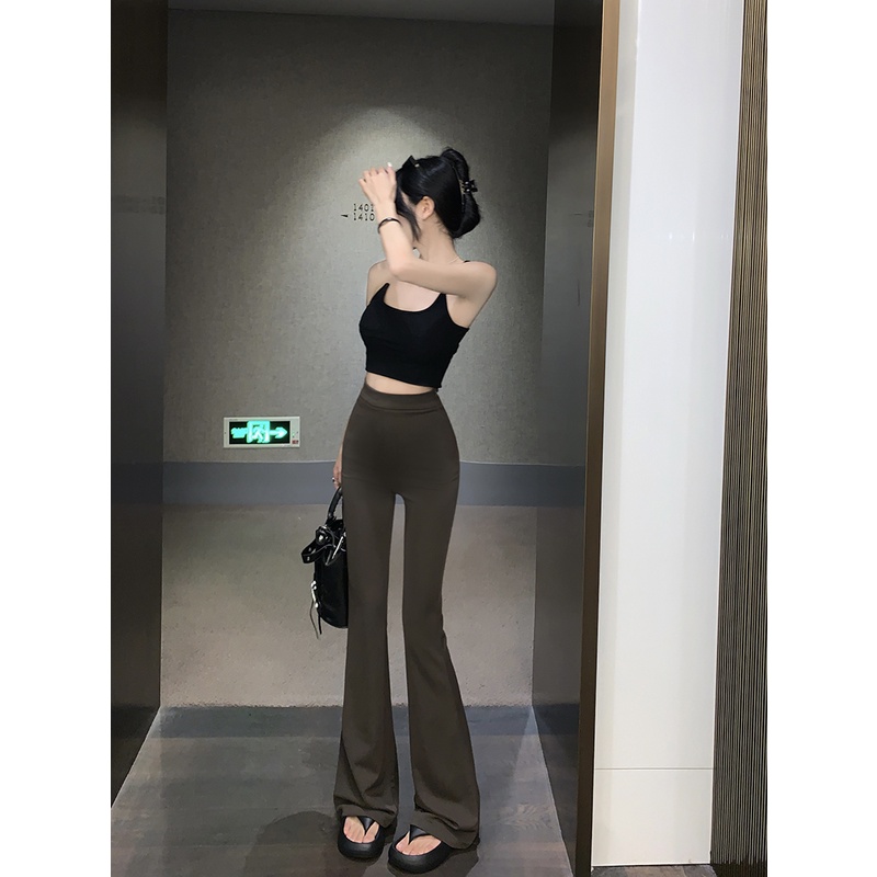 ❍❀celana wanita import ice silk drape high-waist casual pants women s summer straight-leg pants slimming yoga micro flared trousers black horseshoe pants celana wanita celana highwaist