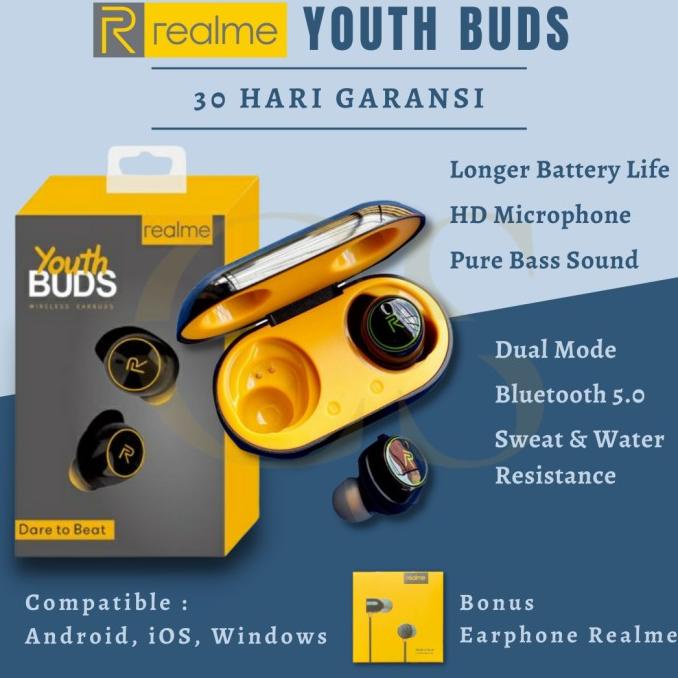 Terbaru!!! Realme Youth Buds Tws Headset Bluetooth Original Superbass Earbuds