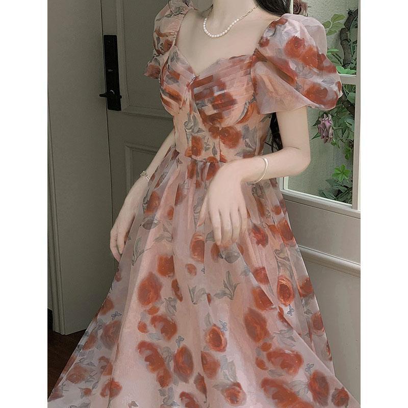 dress floral korea Mawar Retro PerancisVGaun Lengan Mengembang Kerah, Gaun Peri Ketat Pinggang Musim