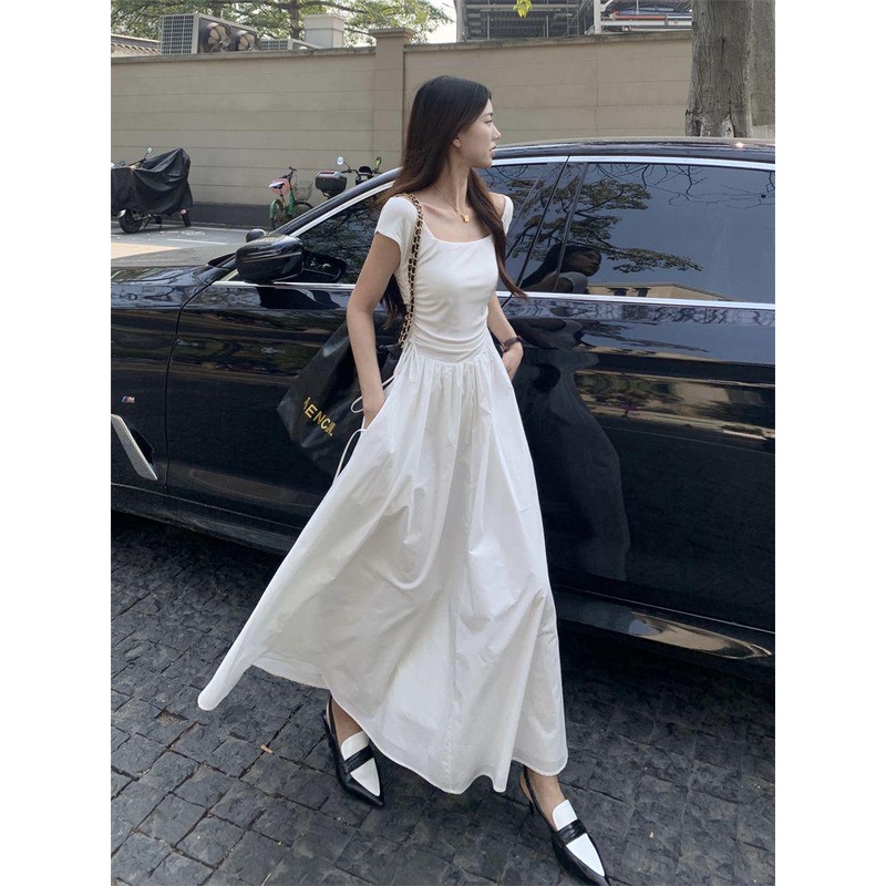 dress floral korea Musim Panas Lengan PendekTGaun Kaus Wanita Prancis Jahitan Kerah Persegi, Baju Pe