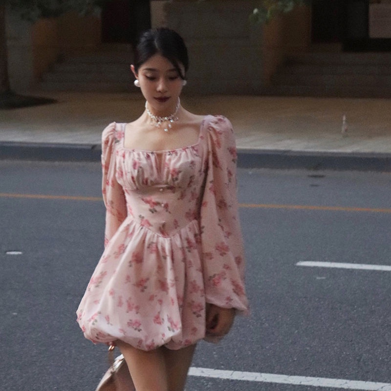 dress floral korea Rok Bunga-bunga Merah Muda Wanita, Ketat Pinggang Musim PanasaGaun Bahu Terbuka L