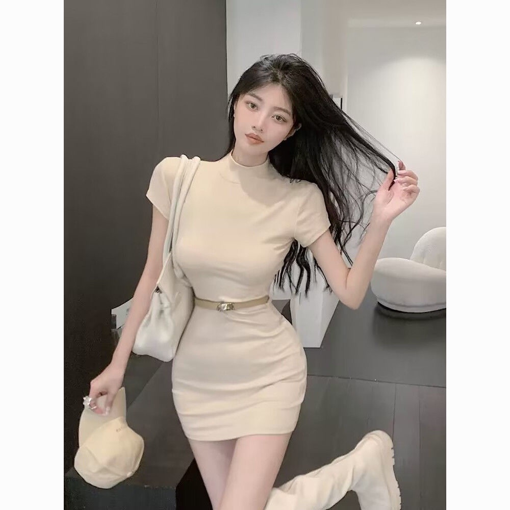 dress floral korea 2023Gaun Setengah Turtleneck Wanita, Rok Pinggul Slim-Fit Musim Panas Modis