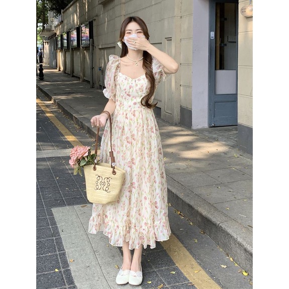 dress floral korea Gaun Musim Panas Bunga Kecil Wanita2023Gaun Pinggang Tinggi Ramping Prancis