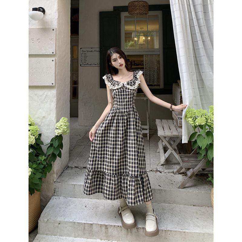 dress floral korea Gaun Renda Gaya Hepburn Musim Panas2023Gaun Lipit Kontrol Pinggang Retro