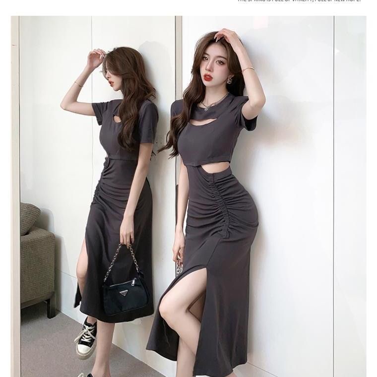 dress floral korea Gaun Lengan Pendek Leher Bulat Seksi untuk Wanita Pakaian Setengah Badan Musim Pa