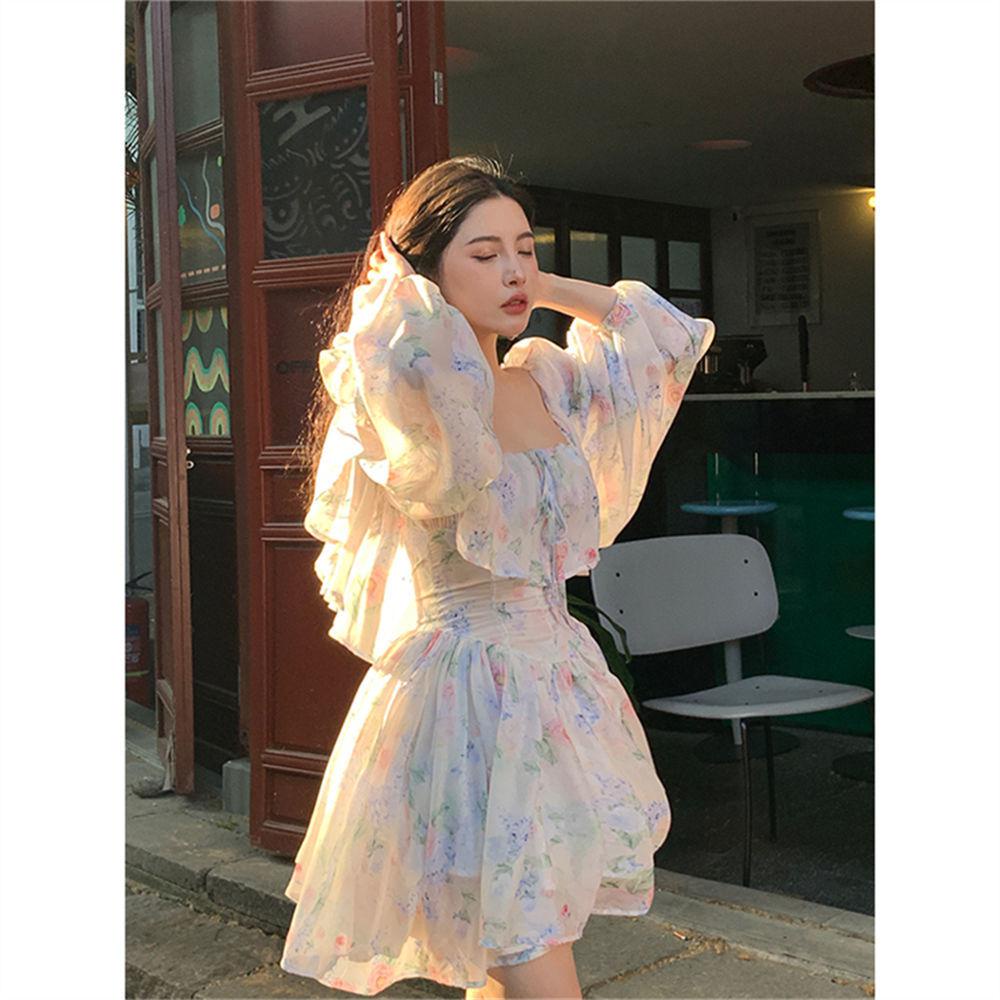 dress floral korea Gaun Menggantung Off-Shoulder Wanita, Rok Pinggang Ketat Bunga Sifon Lengan Lente