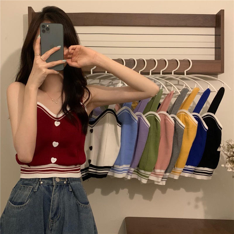 Red Off the shelf school sister sweet and spicy V-neck knitted vest for women to wear summer design sense niche short suspender top for outer wear