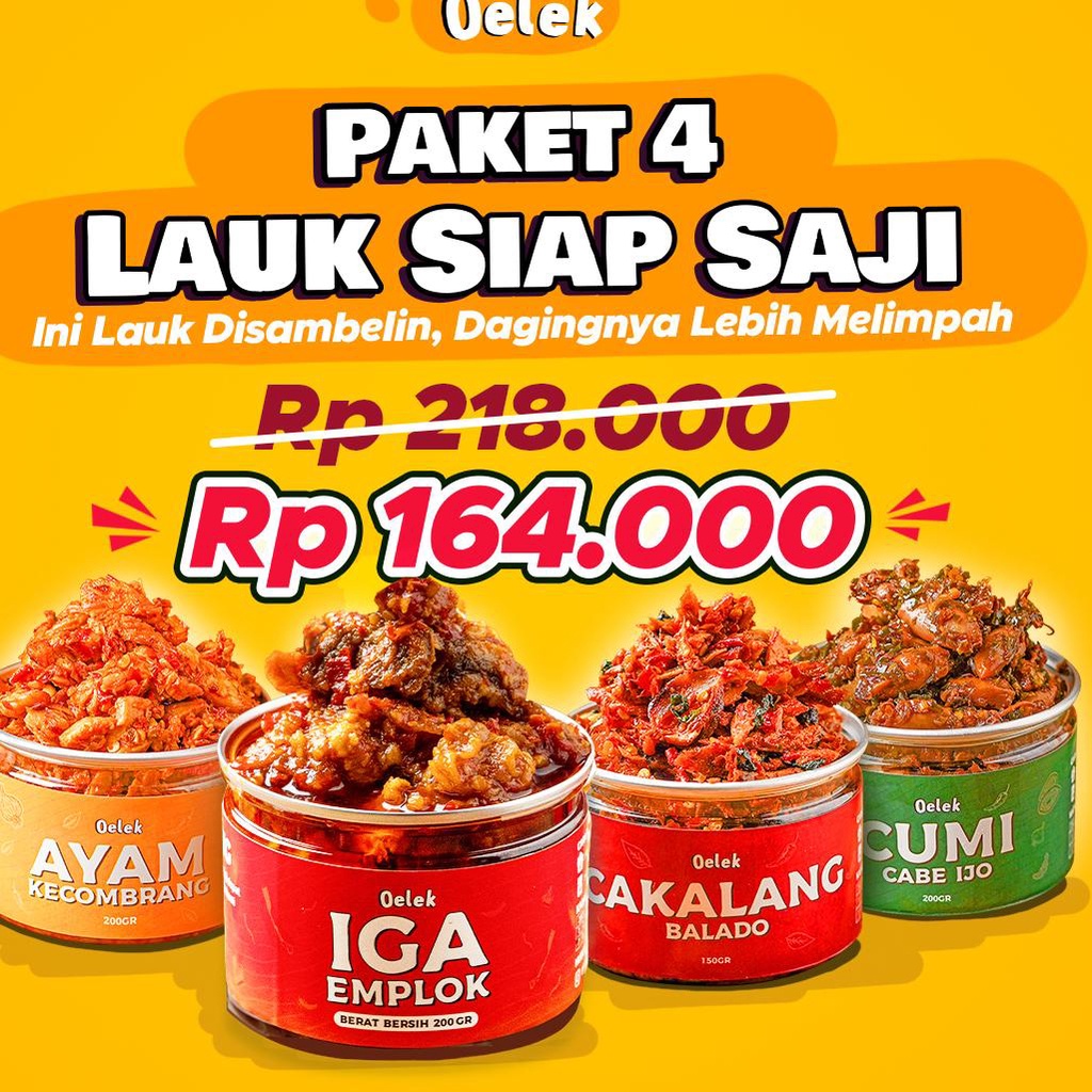 

HARGA GROSIR Oelek Paket 4 Laoek / Iga Emplok / Cakalang Balado / Cumi Cabe Ijo / Ayam Kecombrang / Lauk Siap Saji 