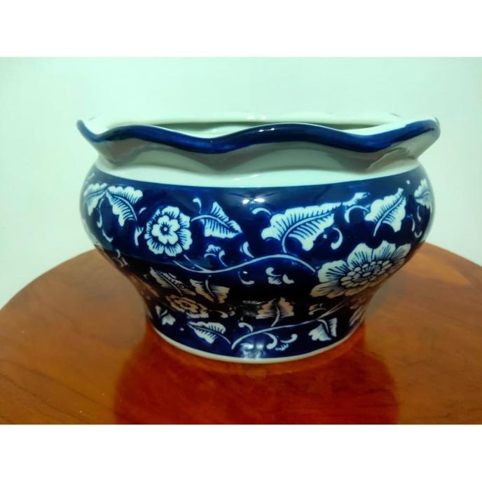 Keramik Pajangan Pot Bunga Biru Dongker Bulat Besar Baru