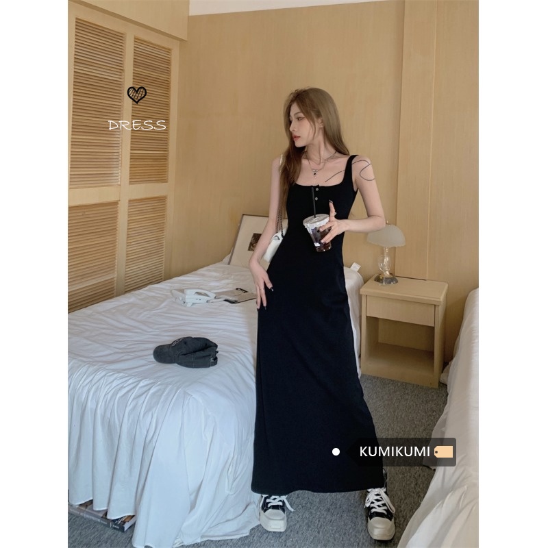 ♗gaun musim panas pantai hot girl vest dress wanita musim semi dan musim panas hitam berkualitas tinggi rasa pinggang dan tas tipis hip rok mid-length rok