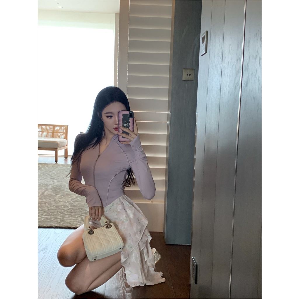 ☎✱✚cropped top floral camisole dress streamer bag hip short skirt women summer waist zipper long sleeve sun protection top set #COD