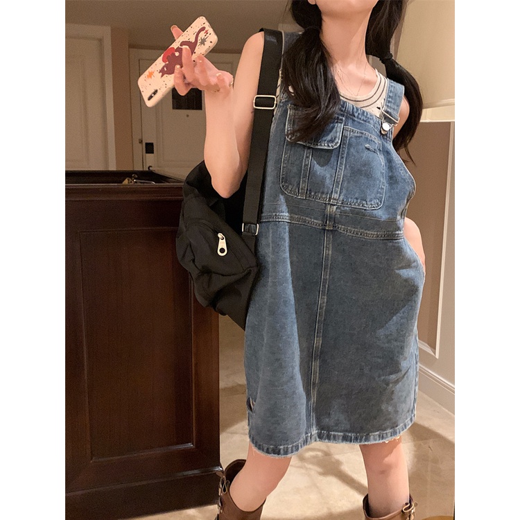 ✷☸◘gaun musim panas pantai retro denim suspender rok wanita petite longgar ramping rok musim panas gaun tanpa lengan mengurangi usia