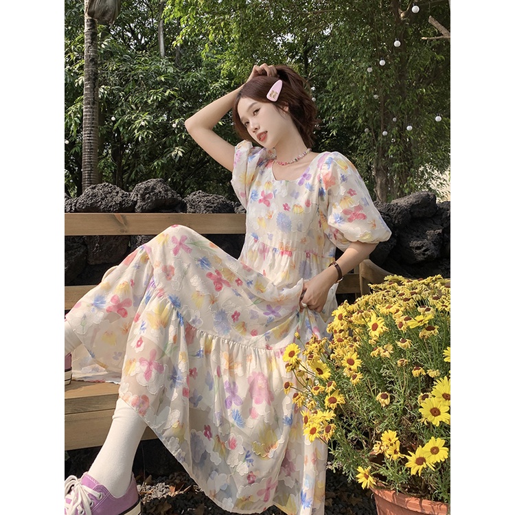 ₪dress summer beach sweet floral skirt round neck puff sleeve dress women s summer design sense mid-length A-line skirt