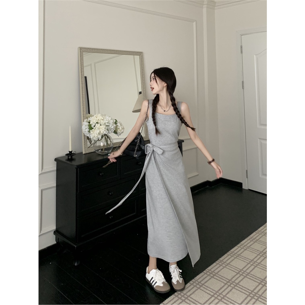 ✜✤❏gaun musim panas pantai abu-abu suspender rok kasual gaun musim panas wanita ceruk desain rompi rok tali slim slim rok panjang