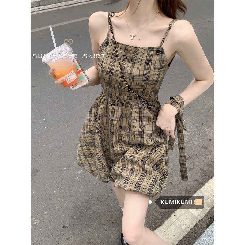 ♨❇gaun musim panas pantai retro kotak-kotak gaun musim panas wanita kecil kuncup bunga rok pinggang slim suspender rok rok pendek