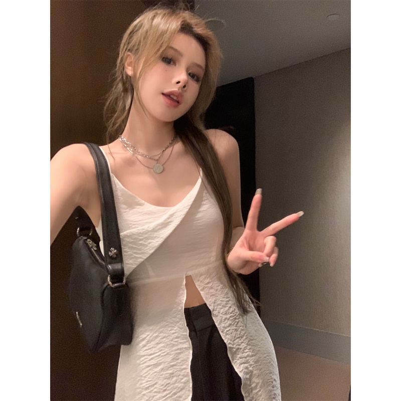 ✥☼cropped top holiday wind streamer white irregular vest suspenders summer mid-length blouse cross sleeveless outerwear top women #COD