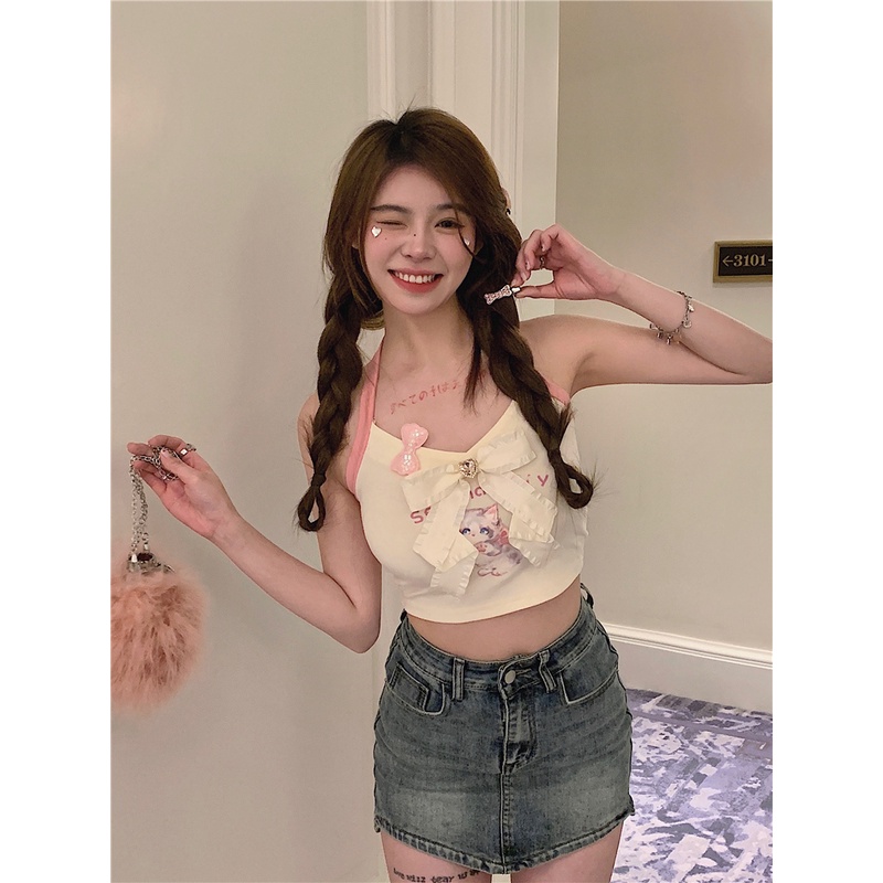 ☋☸cropped top sweet and spicy cat print butterfly heart open back halter neck top women s short suspenders for summer #COD