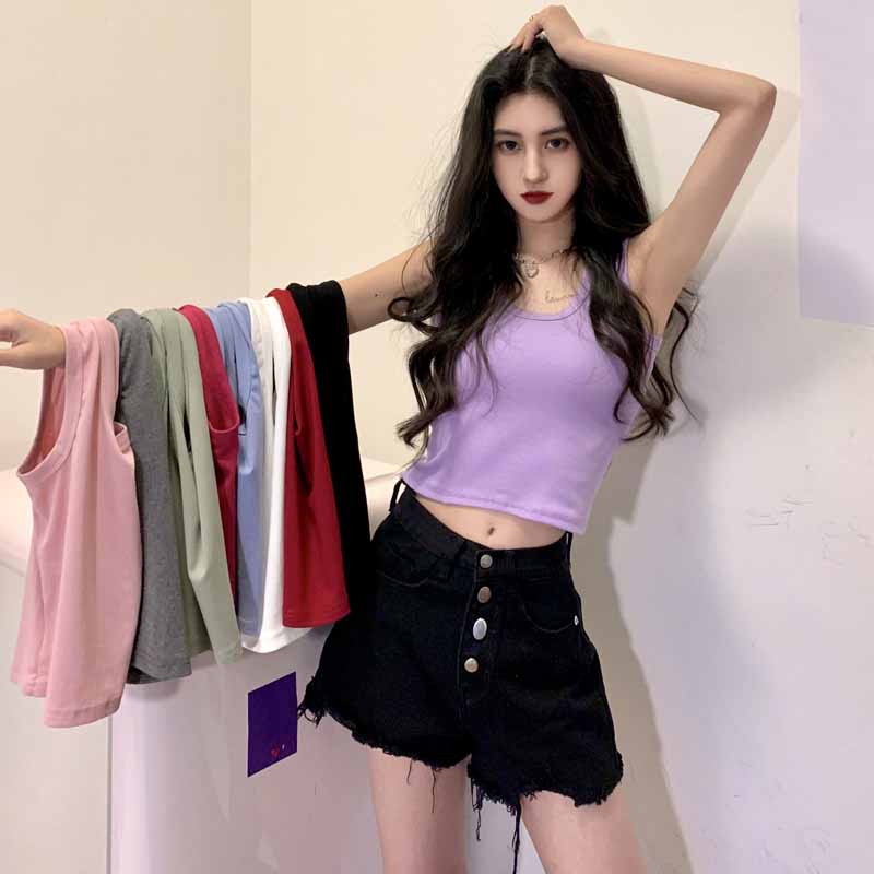 ✺☈✥cropped top Ceruk pakaian dalam pakaian luar suspender kecil selera desain wanita musim panas dasar rompi hitam gaya gadis panas atasan tanpa lengan putih #COD