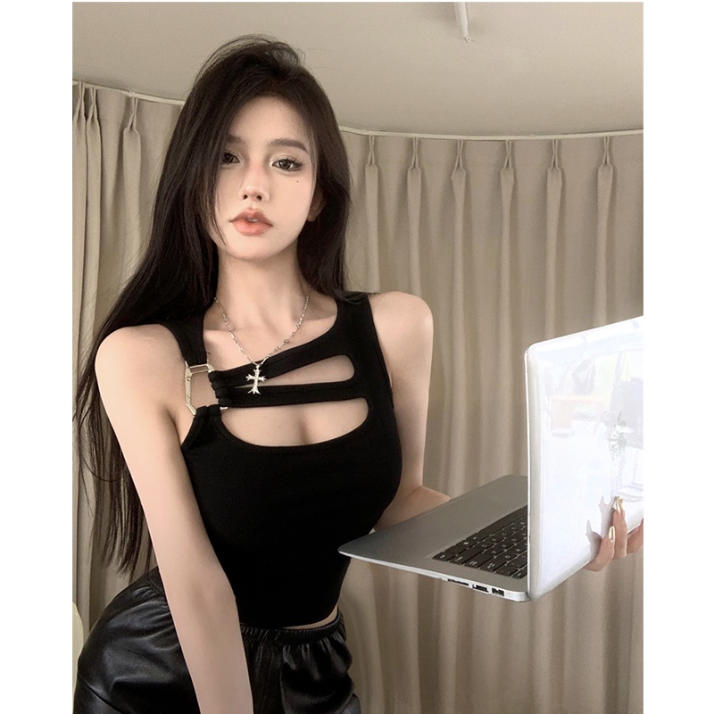 ✌Dipotong atas berongga rompi seksi musim panas hot gadis tanpa lengan slim fit gaya keinginan murni kamisol top wanita halter leher pendek chic #COD