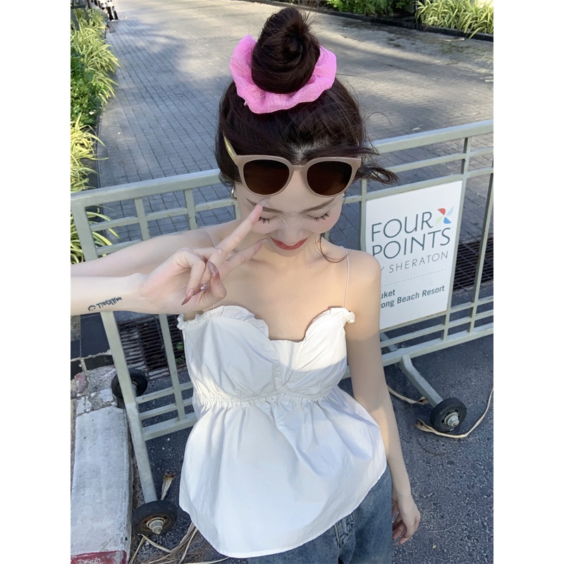 ✖✳cropped top tube top renda musim panas pakaian luar kamisol anti selip top wanita gaya Korea tanpa lengan slim retro bottoming temperamen #COD