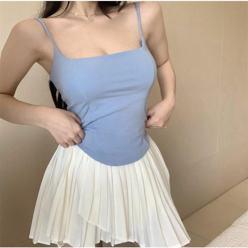 ☎cropped top baru kamisol kerah persegi palsu tulang ikan atas musim panas pakaian dalam ketat tidak teratur wanita versi Korea bottoming kemeja ceruk #COD