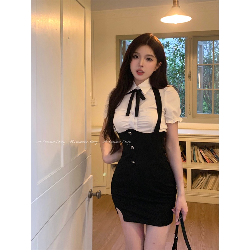 ❧Dipotong Atasan Gaya Korea Kerah Lengan Pendek Kemeja Kancing Atas Musim Panas Tinggi Pinggang Belahan Tas Hip Rok Suspender Baju Wanita #COD