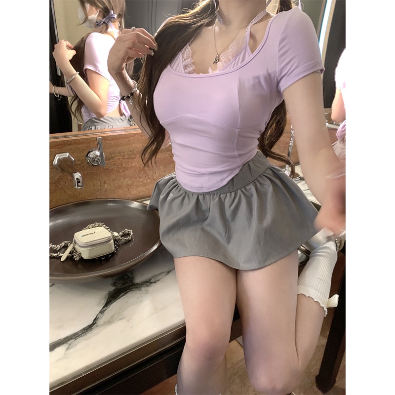 ♛cropped top musim panas slim square collar palsu dua potong renda suspender lengan pendek t-shirt hot girls siswa memakai top wanita Korea pendek #COD