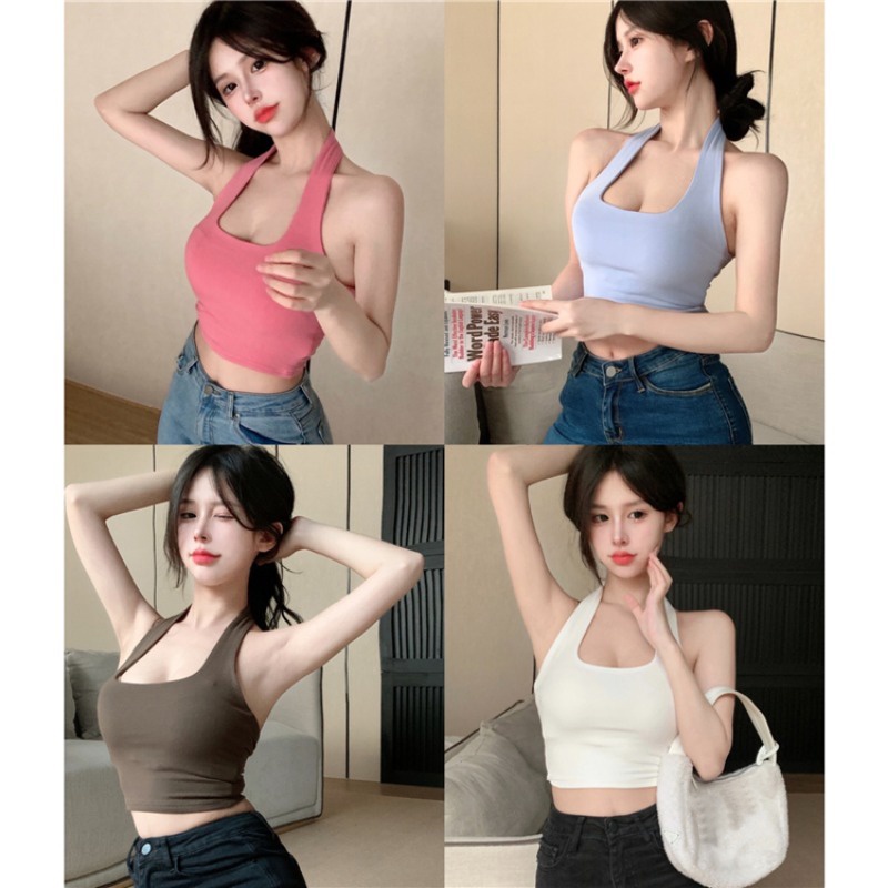 ♚¤▪Dipotong Top Musim Panas Keinginan Murni Spice Girls Slim Bawah Kemeja Halter Leher Rompi Kamisol Pendek Tanpa Lengan Atasan Hitam Wanita #COD