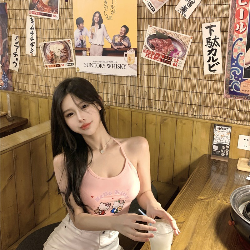 ✁✲cropped top short skinny halterneck style cartoon print outerwear and inner wear with small suspenders women s summer bottoming sweet hot girl vest top #COD