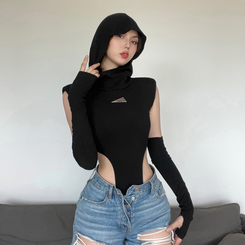 ▲✎Dipotong top gaya Milenium Y2K hot girl dilepas lengan kepribadian berkerudung T-shirt wanita keinginan murni sexy jumpsuit #COD