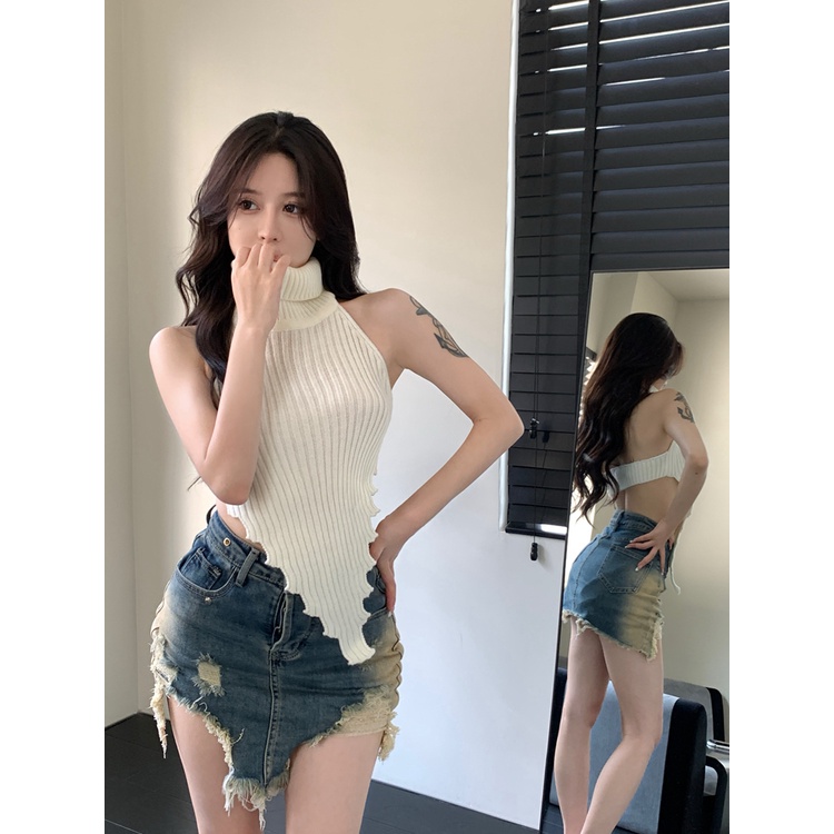 ☋♘♧cropped top babes ketat turtleneck kamisol top suspender summer bottoming shirt rajutan feminin halter neck design #COD