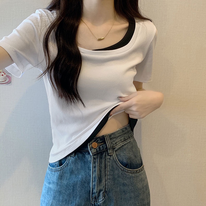 Suhao fake two-piece milk apricot T-shirt square collar pure desire short-sleeve top 2023 summer new women s inner wear bottoming half-sleeve kaos import wanita kaos wanita gaya korea lengan pendek kaos pendek perempuan