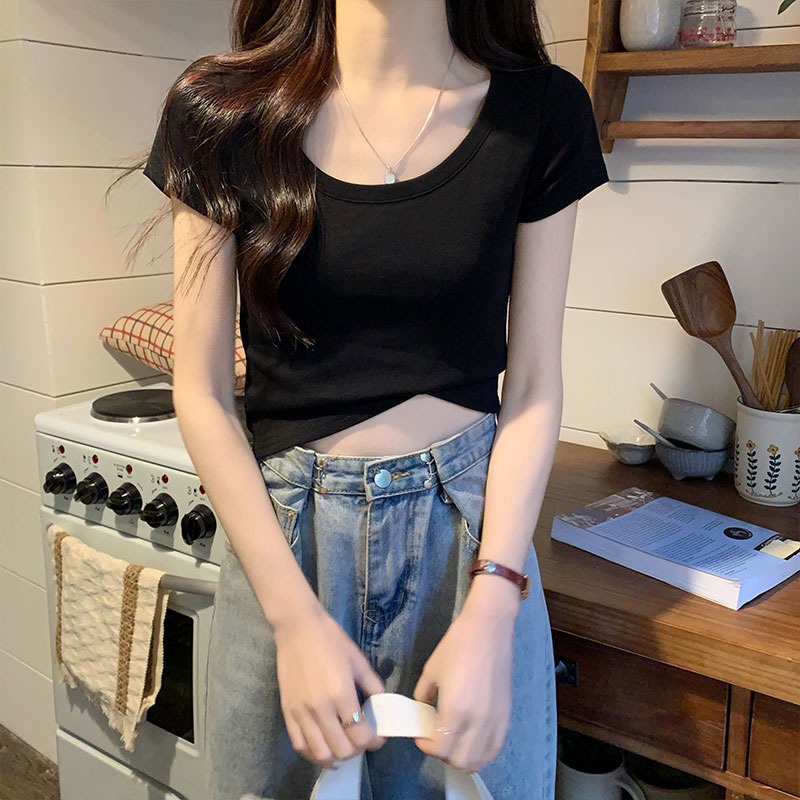 Suhao pure desire scoop neck slim fit short milk apricot color t-shirt women s top summer shoulder U-neck short sleeve inner bottoming small shirt kaos import wanita kaos wanita gaya korea lengan pendek kaos pendek perempuan