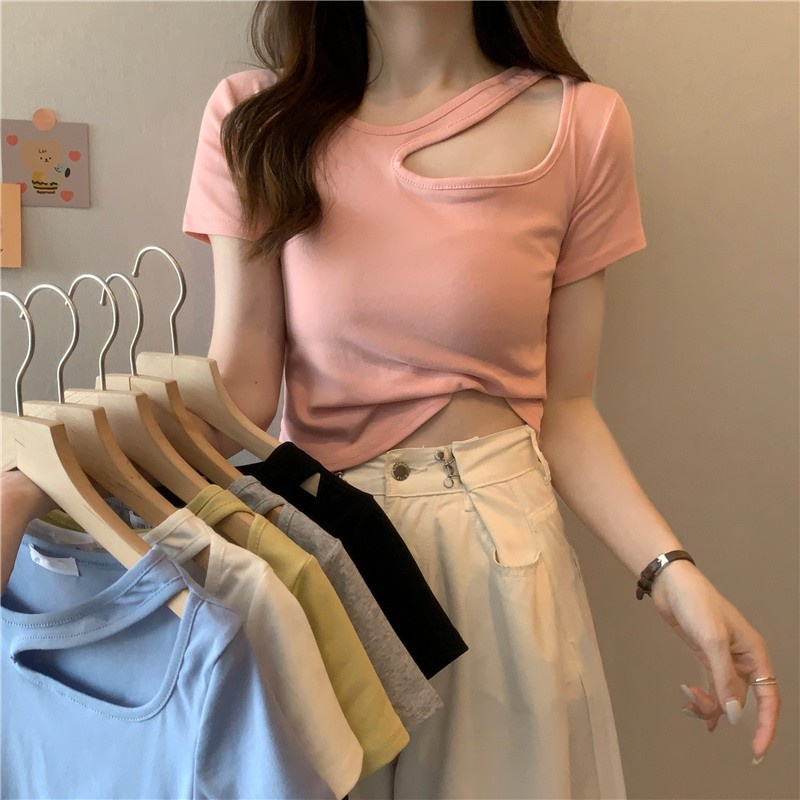 Suhao desain unik berongga tulang selangka bahu depan lengan pendek t-shirt wanita musim panas unik chic kecil slim top top kaos impor wanita kaos wanita gaya korea lengan pendek kaos pendek perempuan