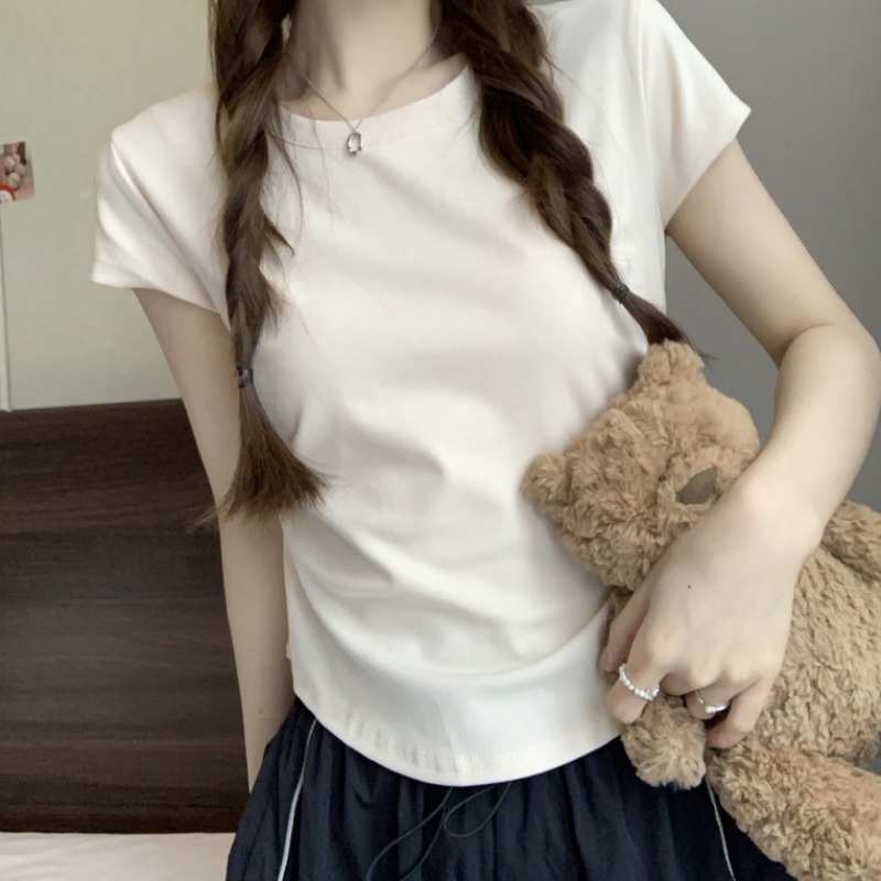 Suhao putih bahu depan lengan pendek t-shirt wanita musim panas 2023 baru melengkung hem lipit slim fit kecil pendek top kaos impor wanita kaos wanita gaya korea lengan pendek kaos pendek perempuan