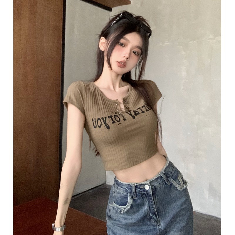 Suhao babes short short shoulder short-sleeve t-shirt women s summer American retro chic design sense bm crop top kaos import wanita kaos wanita gaya korea lengan pendek kaos pendek perempuan