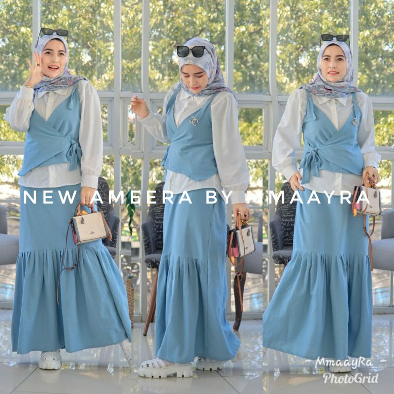 new ameera by mmaayra setelan 3in1 terpisah kemeja rok vest linen crepe inner toyobo baju kantor kul