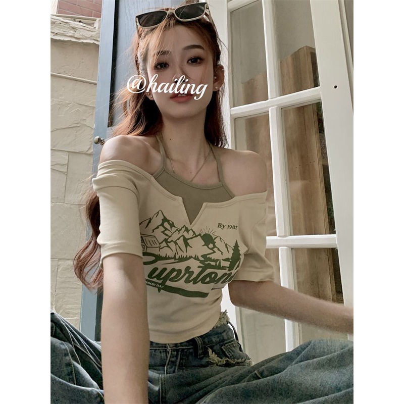 Red American Retro Palsu Dua Potong Halter Leher Bahu Depan Lengan Pendek T-shirt Wanita Musim Panas Gadis Slim Slim Pusar pendek Top