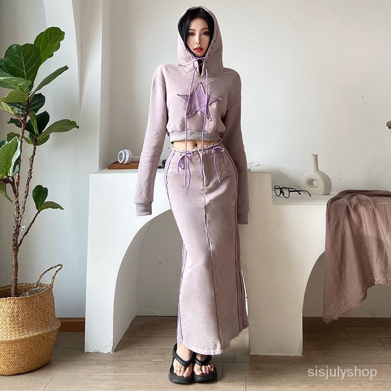 [✅BISA COD] #Sisjuly# Kaus berkerudung pendek tanpa pinggang / rok bertali pinggang tinggi setelan d