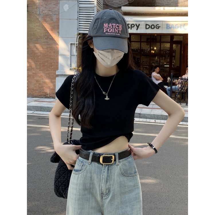 Suhao hot girl style black short-sleeve women s summer design sense niche slim short American style front shoulder T-shirt top kaos import wanita kaos wanita Korean style lengan pendek kaos pendek perempuan