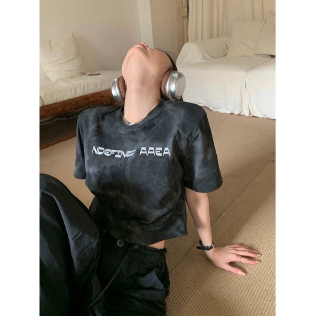 Suhao American retro bahu depan lengan pendek T-shirt wanita musim panas hot gadis kecil chic unik net merah memakai top pendek kaos impor wanita kaos wanita gaya korea lengan pendek kaos pendek perempuan