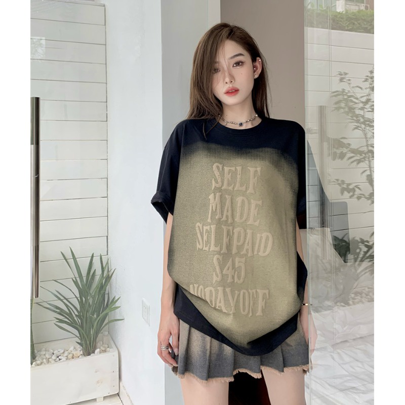 Suhao American Retro Gradien Huruf Lengan Pendek T-shirt Wanita Musim Panas High Street Longgar Tipis T-shirt Panjang Setengah Lengan Atasan Kaos Import Wanita Kaos Wanita Gaya Korea Lengan Pendek Kaos Pendek Perempuan