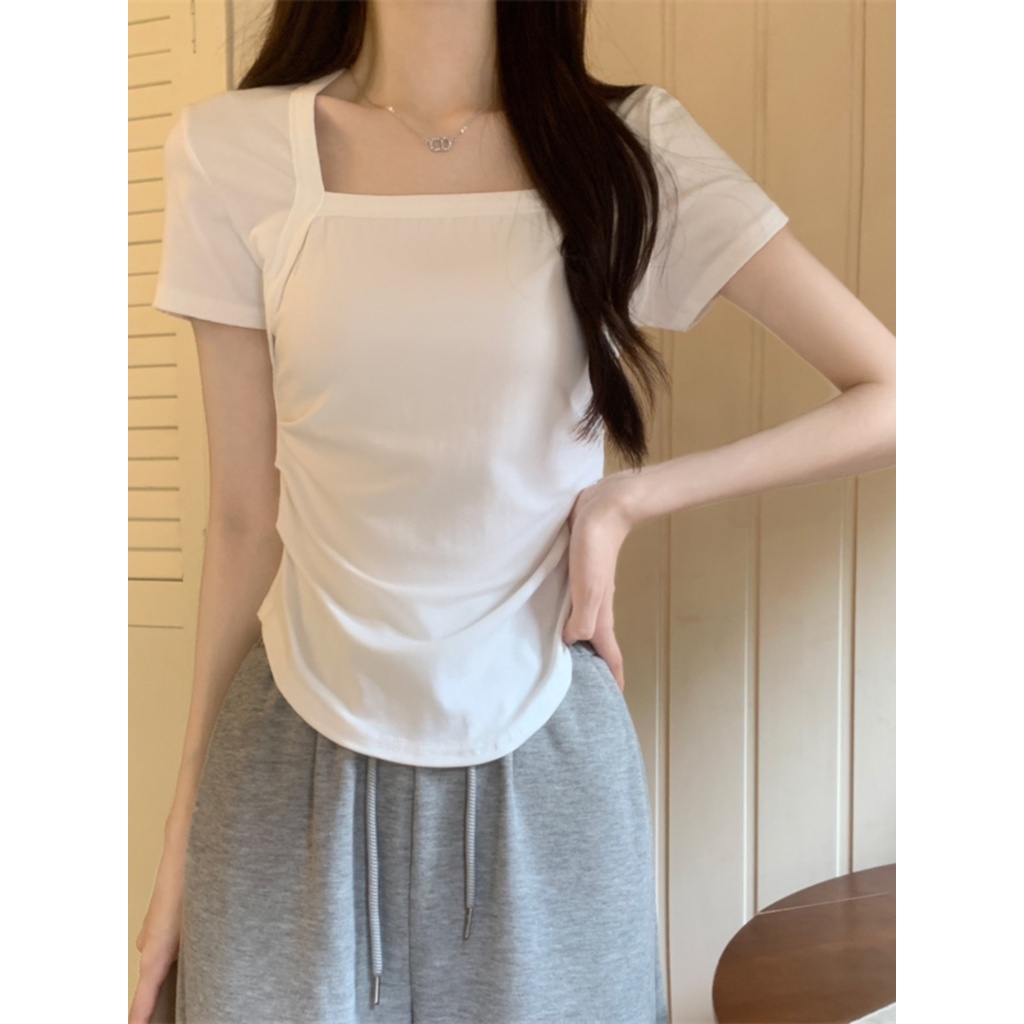 Suhao Pure Desired Warna Kopi Kerah Persegi Bahu Depan Lengan Pendek T-shirt Wanita Musim Panas Hot Girls Irregular Slim Chic Chic High Waist Jaket Kaos Import Wanita Kaos Wanita Gaya Korea Lengan Pendek Kaos Pendek Perempuan