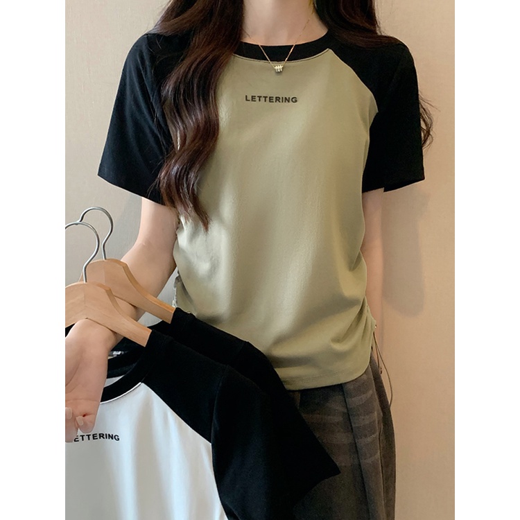 Suhao gaya Amerika raglan bahu katun lengan pendek T-shirt wanita musim panas slim fit dan slim design niche drawstring short shoulder top kaos import wanita kaos wanita gaya korea lengan pendek kaos pendek perempuan