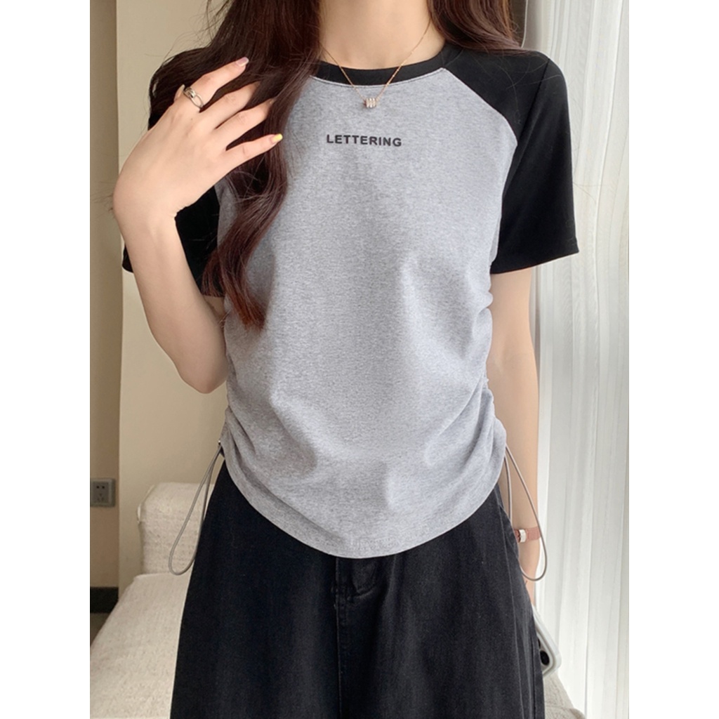 Suhao gaya Amerika raglan bahu katun lengan pendek T-shirt wanita musim panas slim fit dan slim design niche drawstring short shoulder top kaos import wanita kaos wanita gaya korea lengan pendek kaos pendek perempuan