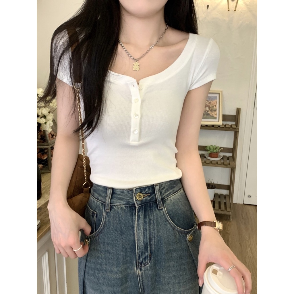 Suhao American hot girl large neckline front shoulder short-sleeve t-shirt women s summer design sense niche slim fit tight sexy short top kaos import wanita kaos wanita gaya korea lengan pendek kaos pendek perempuan