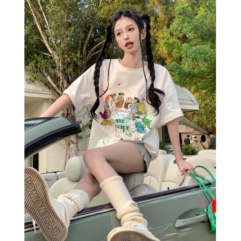 Suhao musim panas versi besar putih besar T-shirt wanita lengan pendek longgar penutup ramping pantat gaya luar negeri Eropa atasan bahu trendi kaos impor wanita kaos wanita gaya korea lengan pendek kaos pendek perempuan